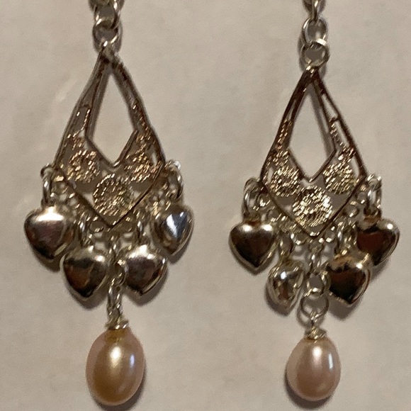 💝Sterling Silver 925 Chandelier Heart Earrings Pale Pink Pearl - Picture 5 of 5